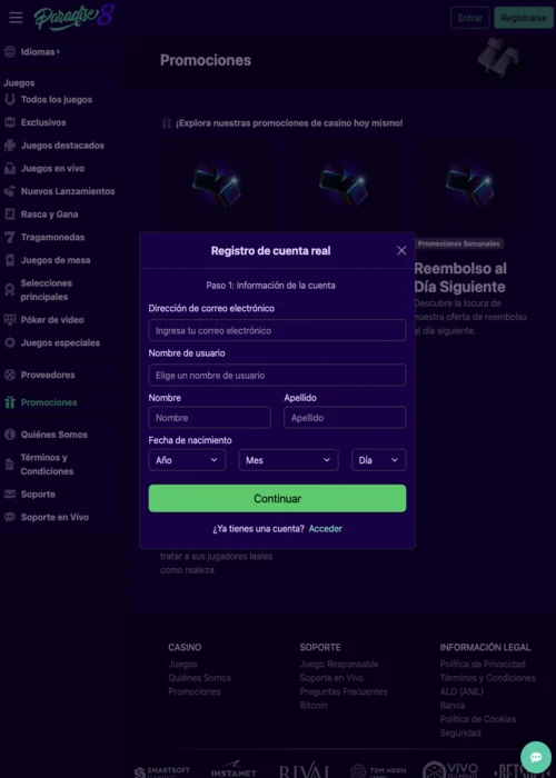 Registro Paradise 8 Casino